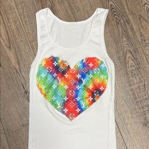White Tank Top with Rainbow Heart Logo